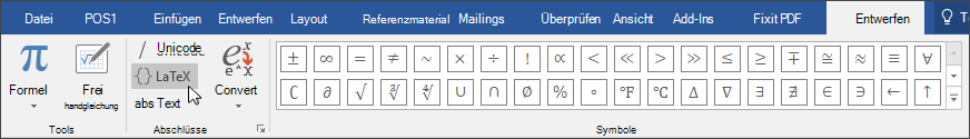 Abbildung der Registerkarte „Entwurf“ mit den für das LaTex-Format verfügbaren Formelformaten.