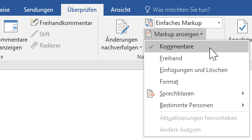 Anzeige der Markupoptionen auf der Registerkarte 