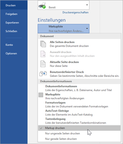 Druckoptionen für das Drucken von Markups