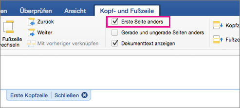 Die Einstellung Unterschiedliche erste Seite ist auf der Registerkarte Kopfzeile&Fußzeile hervorgehoben.