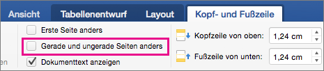 Verschiedene ungerade und gerade Seiten sind auf der Registerkarte Kopfzeilen & Fußzeilen angezeigt.
