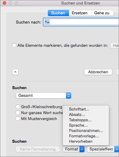 Zeigt die Formatoptionen an