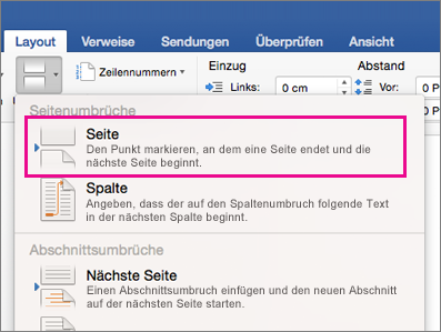 Layout Break menu with Page Break highlighted