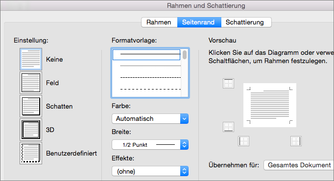 Den Stil, die Farbe und die Breite des Seitenrahmens auswählen