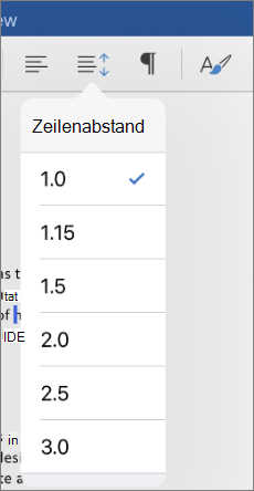 Zeigt die Zeilenabstandsoptionen in Word für iPad an.