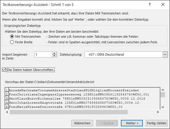 Excel, Abrufen externer Daten aus Text, Textimport-Assistent, Schritt 1 von 3