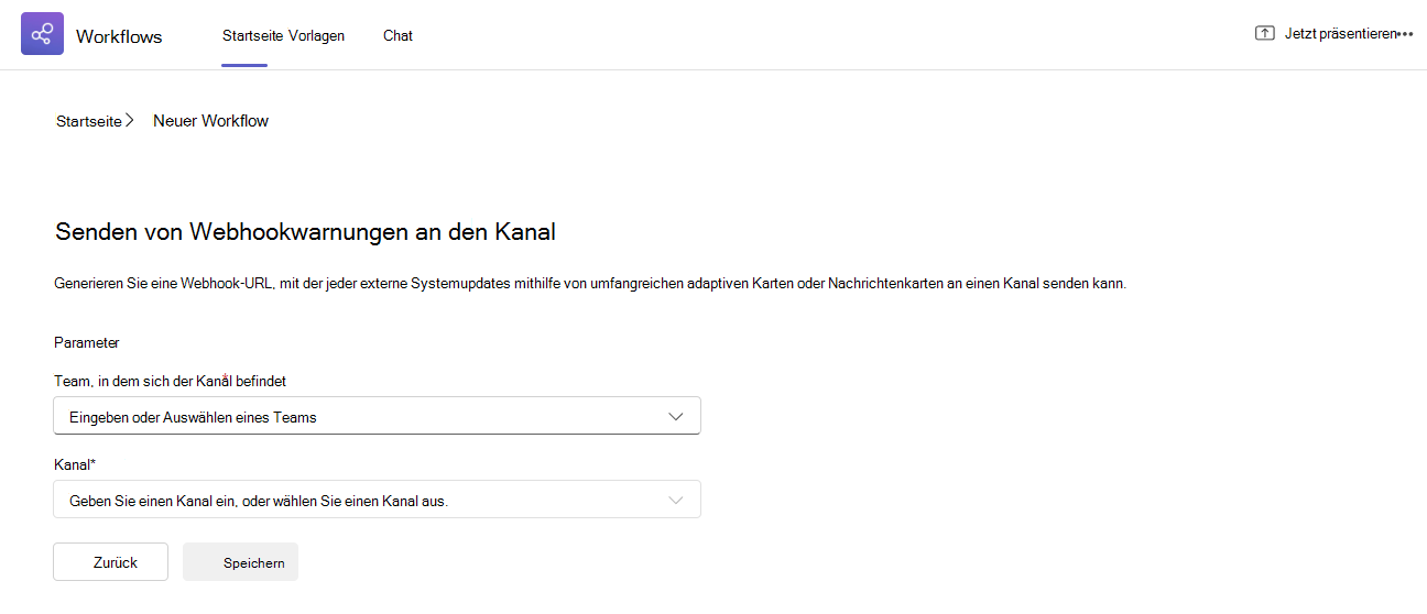 Webhookvorlage zum Senden an einen Kanal
