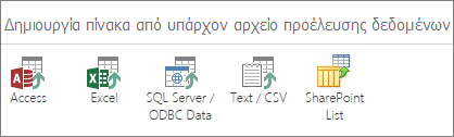 Επιλογές για τα αρχεία προέλευσης δεδομένων: Access, Excel, SQL Server/Δεδομένα ODBC, Κείμενο/CSV, Λίστα του SharePoint.