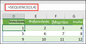 Δημιουργία σταθεράς πίνακα στηλών με 3 γραμμές και 4 στήλες με =SEQUENCE(3,4)