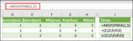 Δημιουργία οριζόντιας σταθεράς πίνακα με =SEQUENCE(1,5) ή ={1,2,3,4,5}