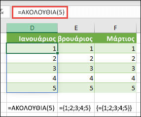 Δημιουργία κατακόρυφης σταθεράς πίνακα με =SEQUENCE(5) ή ={1;2;3;4;5}