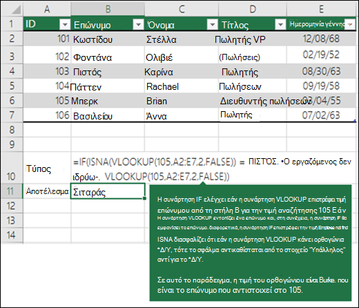 IF(ISNA(VLOOKUP(105;A2:E7;2;FLASE))=TRUE;Ο υπάλληλος δεν βρέθηκε;VLOOKUP(105;A2:E7;2;FALSE)) Η συνάρτηση IF ελέγχει αν η συνάρτηση VLOOKUP επιστρέφει μια τιμή για το επώνυμο από τη στήλη B για το 105 (lookup_value). Εάν η συνάρτηση VLOOKUP εντοπίσει ένα επώνυμο, τότε η συνάρτηση IF θα εμφανίσει το επώνυμο, διαφορετικά η συνάρτηση IF επιστρέφει την ένδειξη 