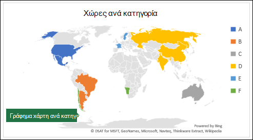 Γράφημα χάρτη του Excel που εμφανίζει κατηγορίες με χώρες ανά κατηγορία