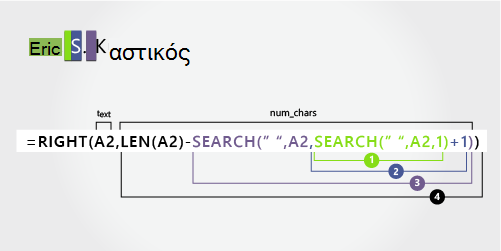 Η δεύτερη συνάρτηση SEARCH σε έναν τύπο για το διαχωρισμό ονόματος, πατρώνυμου και επώνυμου