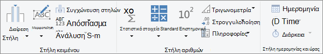 Οι ομάδες τύπου δεδομένων στην καρτέλα 