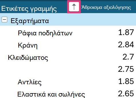 Βέλος ταξινόμησης Συγκεντρωτικού Πίνακα στις ετικέτες γραμμών