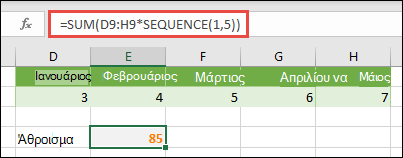 Χρησιμοποιήστε σταθερές πίνακα σε τύπους. Σε αυτό το παράδειγμα, χρησιμοποιήσαμε =SUM(D9:H(*SEQUENCE(1,5))