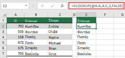 Χρησιμοποιήστε τον @ τελεστή και αντιγράψτε: =VLOOKUP(@A:A,A:C,2,FALSE). Αυτό το στυλ αναφοράς θα λειτουργήσει σε πίνακες, αλλά δεν θα επιστρέψει έναν δυναμικό πίνακα.