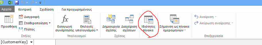 Κορδέλα στο παράθυρο του PowerPivot όπου εμφανίζεται η εντολή 
