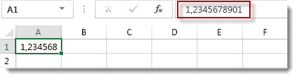 Στρογγυλοποιημένος αριθμός στο κελί A1, με εμφάνιση ολόκληρου του αριθμού στη γραμμή τύπων