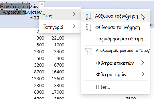 Περιοχή σειρών με συνδυασμένα φίλτρα