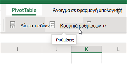 Το κουμπί Ρυθμίσεις της καρτέλας Συγκεντρωτικός Πίνακας στο Excel για το Web