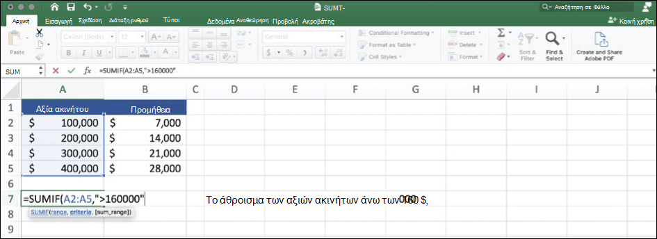 Στιγμιότυπο οθόνης δεδομένων Excel με χρήση της συνάρτησης SUMIF