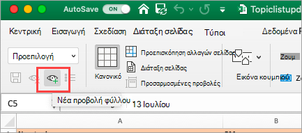 Εμφανίζει το υπολογιστικό φύλλο Excel