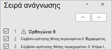 Λίστα στοιχείων στη σειρά ανάγνωσης σε μια διαφάνεια με κουμπιά επάνω και κάτω βέλους για να τα αναδιατάξετε