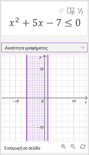 στιγμιότυπο οθόνης ενός γραφήματος που δημιουργήθηκε από τον βοηθό μαθηματικών για την ανισότητα x στο τετράγωνο συν 5x - 7 είναι μικρότερη ή ίση με 0. Μια σκιασμένη περιοχή μεταξύ δύο κατακόρυφων γραμμών εμφανίζεται στο γράφημα
