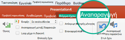 Όταν επιλεγεί ένα απόσπασμα ήχου σε μια διαφάνεια, στην κορδέλα της γραμμής εργαλείων εμφανίζεται η καρτέλα 
