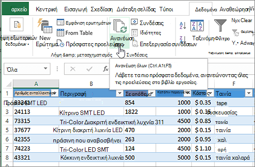 Υπολογιστικό φύλλο του Excel με επισημασμένη τη λίστα που έχει εισαχθεί και το κουμπί 