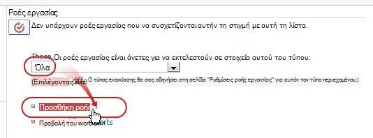 Σελίδα "Προσθήκη ροής εργασίας" με το κείμενο "Όλοι οι τύποι περιεχομένου" και "Προσθήκη ροής εργασίας"
