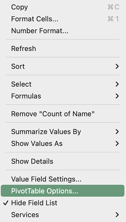 Επιλογές Συγκεντρωτικού Πίνακα στο μενού περιβάλλοντος στο Excel για Mac.