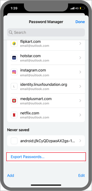 Θέση κωδικών πρόσβασης εξαγωγής του Android Chrome