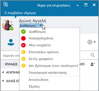 Στιγμιότυπο οθόνης στο οποίο εμφανίζεται το παράθυρο του Skype για επιχειρήσεις με ανοικτό το μενού 