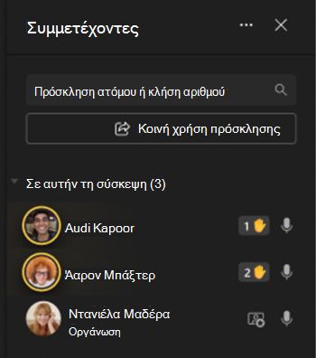 Εικόνα που δείχνει τους συμμετέχοντες στα αριστερά της οθόνης με εικονίδια ανύψωσης χεριού.