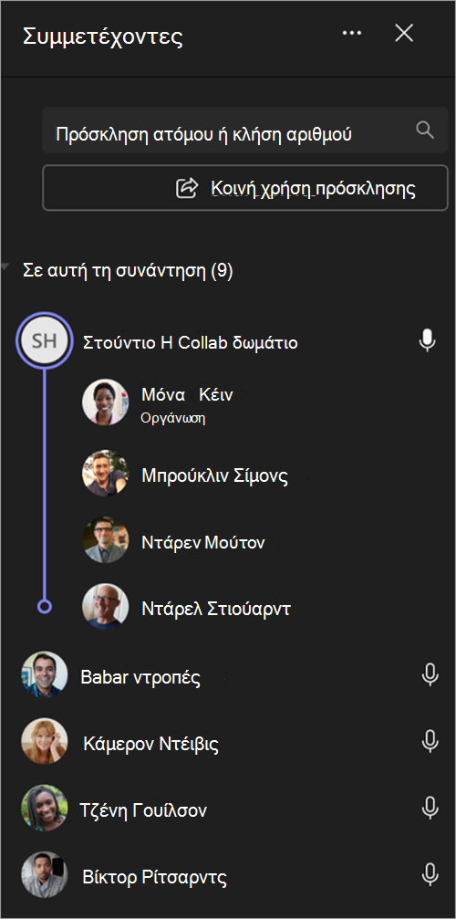 Στιγμιότυπο οθόνης που εμφανίζει τον τρόπο ομαδοποίησης των συμμετεχόντων στη σύσκεψη σε έναν κατάλογο ονομάτων