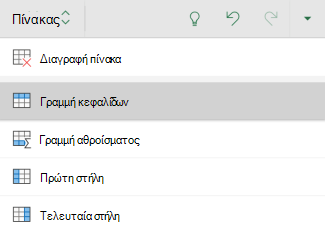 Επιλογή γραμμής κεφαλίδων επιλεγμένη για έναν πίνακα στο Excel για Android