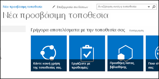 Στιγμιότυπο οθόνης της νέας τοποθεσίας του SharePoint που εμφανίζει εικονίδια που χρησιμοποιούνται για την προσαρμογή της τοποθεσίας