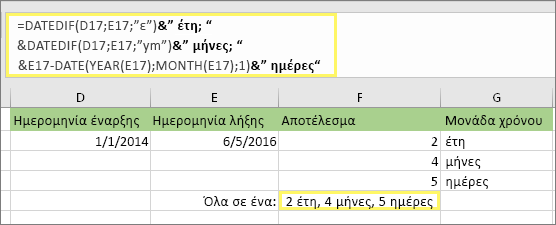 =DATEDIF(D17;E17;y)& έτη; &DATEDIF(D17;E17;ym)& μήνες; &DATEDIF(D17;E17;md)& ημέρες και αποτέλεσμα: 2 έτη, 4 μήνες, 5 ημέρες