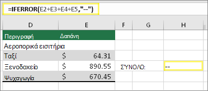 Κελί H4 με τιμή =IFERROR(E2+E3+E4+E5,--)