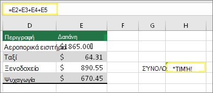 H4 με =E2+E3+E4+E5 και αποτέλεσμα #VALUE!