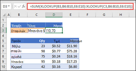 Χρήση του XLOOKUP με τη συνάρτηση SUM για το άθροισμα μιας περιοχής τιμών που βρίσκονται μεταξύ δύο επιλογών