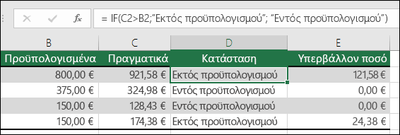 Ο τύπος στο κελί D2 είναι =IF(C2>B2;Εκτός προϋπολογισμού;Εντός προϋπολογισμού)