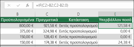 Ο τύπος στο κελί E2 είναι =IF(C2>; B2;C2-Β2;)