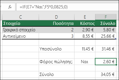 Ο τύπος στο κελί F7 είναι IF(E7=Ναι;F5*0,0825;0)