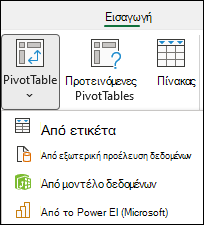 Εισαγωγή αναπτυσσόμενης λίστας Συγκεντρωτικού Πίνακα που εμφανίζει την επιλογή 