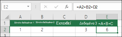 Οι τύποι =A+B+C δεν θα ενημερωθούν, εάν προσθέσετε γραμμές