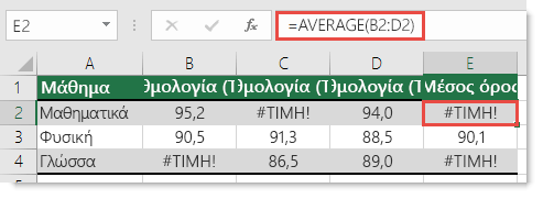 Σφάλμα #ΤΙΜΗ στη συνάρτηση AVERAGE